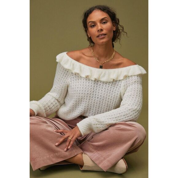 ANTHROPOLOGIE Ivory White Ruffled Boat Neck Soft Wool Knit Sweater Size Medium - Picture 1 of 8